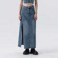 Women's high waisted long denim skirt with side slit