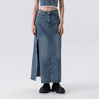 Women's high waisted long denim skirt with side slit
