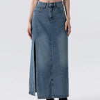Women's high waisted long denim skirt with side slit